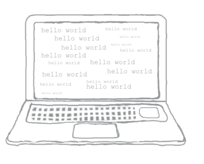 hand drawn illustration of a laptop with the words hello world on the screen