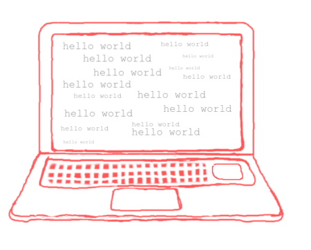 An illustration of a pink laptop with the words hello world displayed on the screen